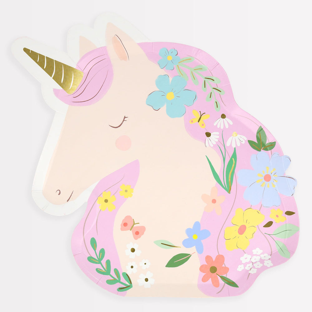 Meri Meri Meadow Unicorns plates close-up with gold foil for stylish serving.