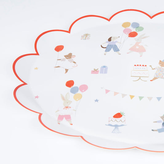 Meri Meri Animal Friends plates feature pastel animal illustrations for festive celebration tables.