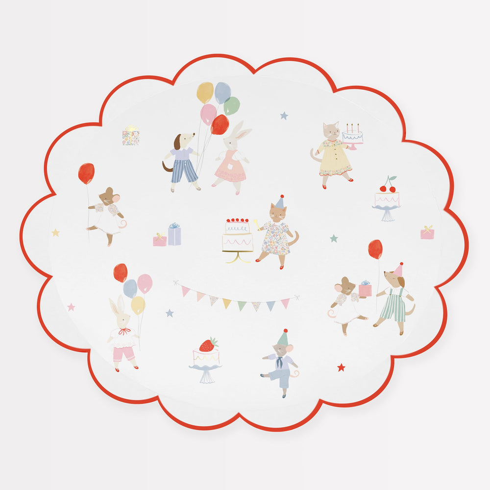 Meri Meri Animal Friends plates with scalloped border and gold foil for elegant table settings.