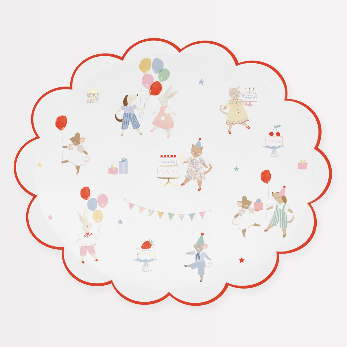Meri Meri Animal Friends plates with scalloped border and gold foil for elegant table settings.