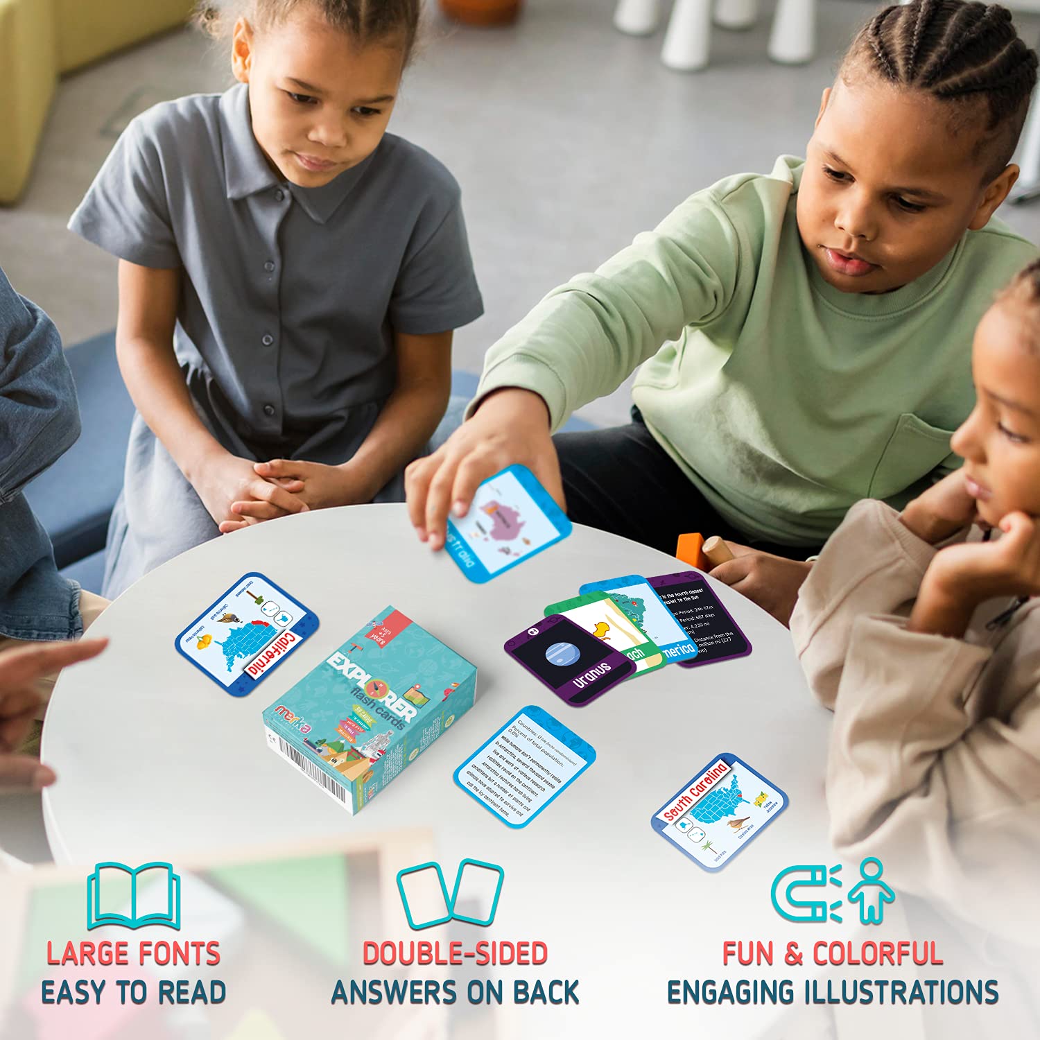 Merka Science flash cards colorful bursts to spark memory and discussion.