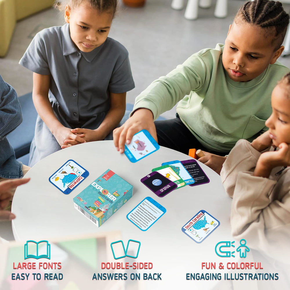 Merka Science flash cards colorful bursts to spark memory and discussion.