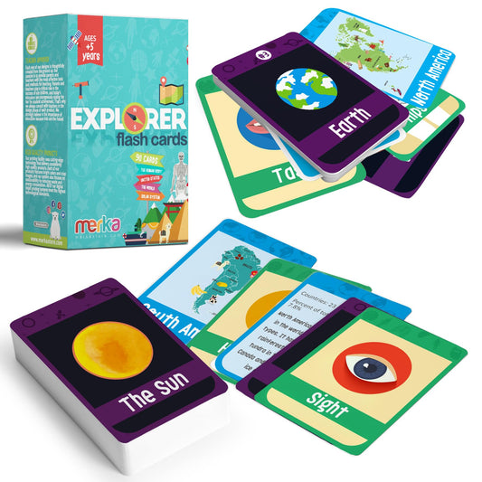 Merka Science flash cards showcasing the solar system deck for curious kids.