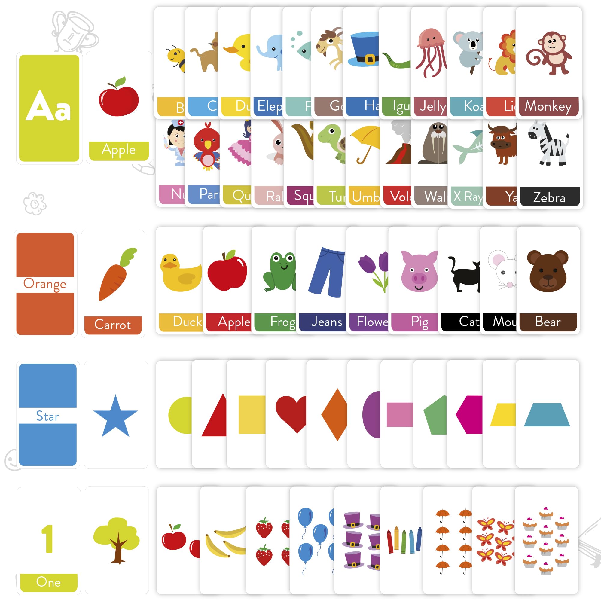 Merka 64-card set covers letters, numbers, and shapes for comprehensive practice.