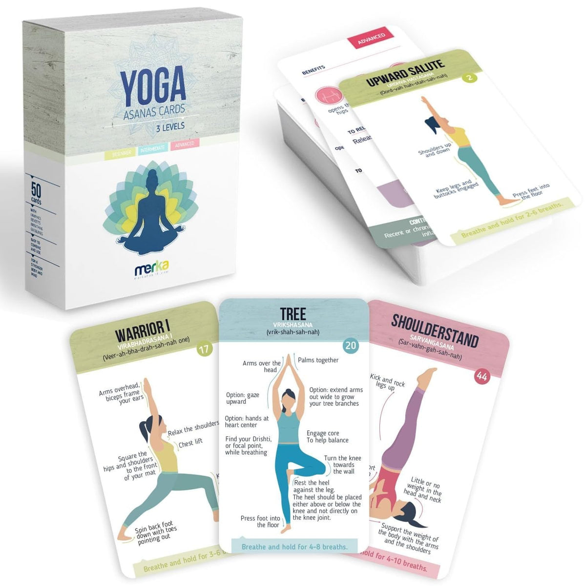 Merka Yoga Cards deck with 50 asanas and Sanskrit names guides your practice.