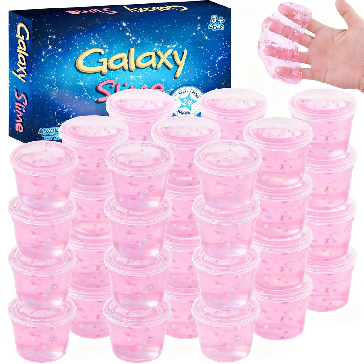 MermaidSlime pink galaxy slime cups with star patterns for party favors and sensory play.