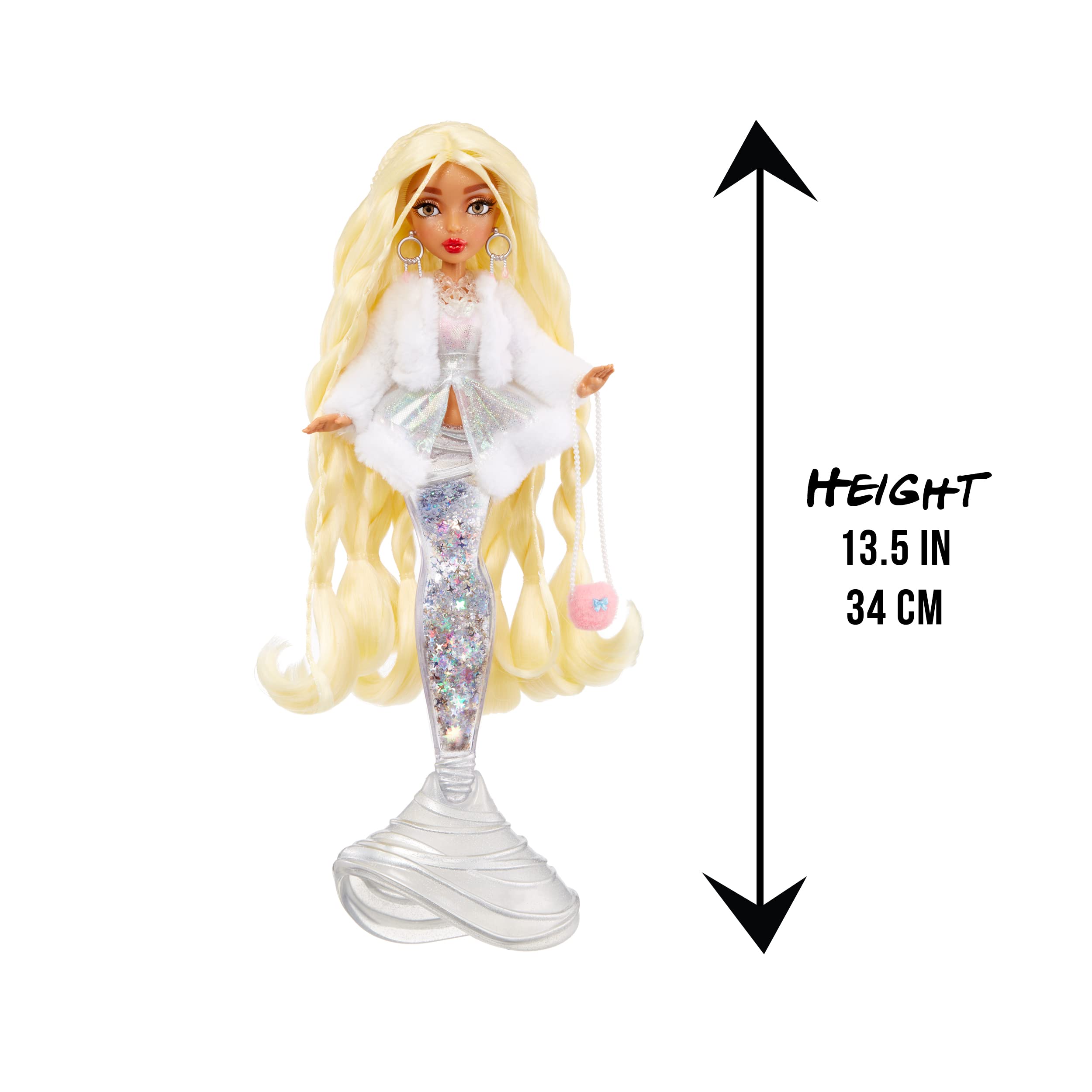 Gwen in iridescent outfit with accessories for dress-up play and storytelling.