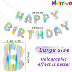 Merrivo Iridescent Birthday Banner shows rainbow effects for lively celebrations.