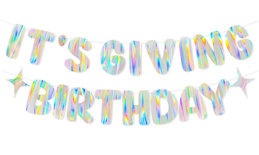Merrivo It's Giving Birthday banner with aurora shimmer for a standout backdrop.