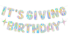 Merrivo It's Giving Birthday banner with aurora shimmer for a standout backdrop.