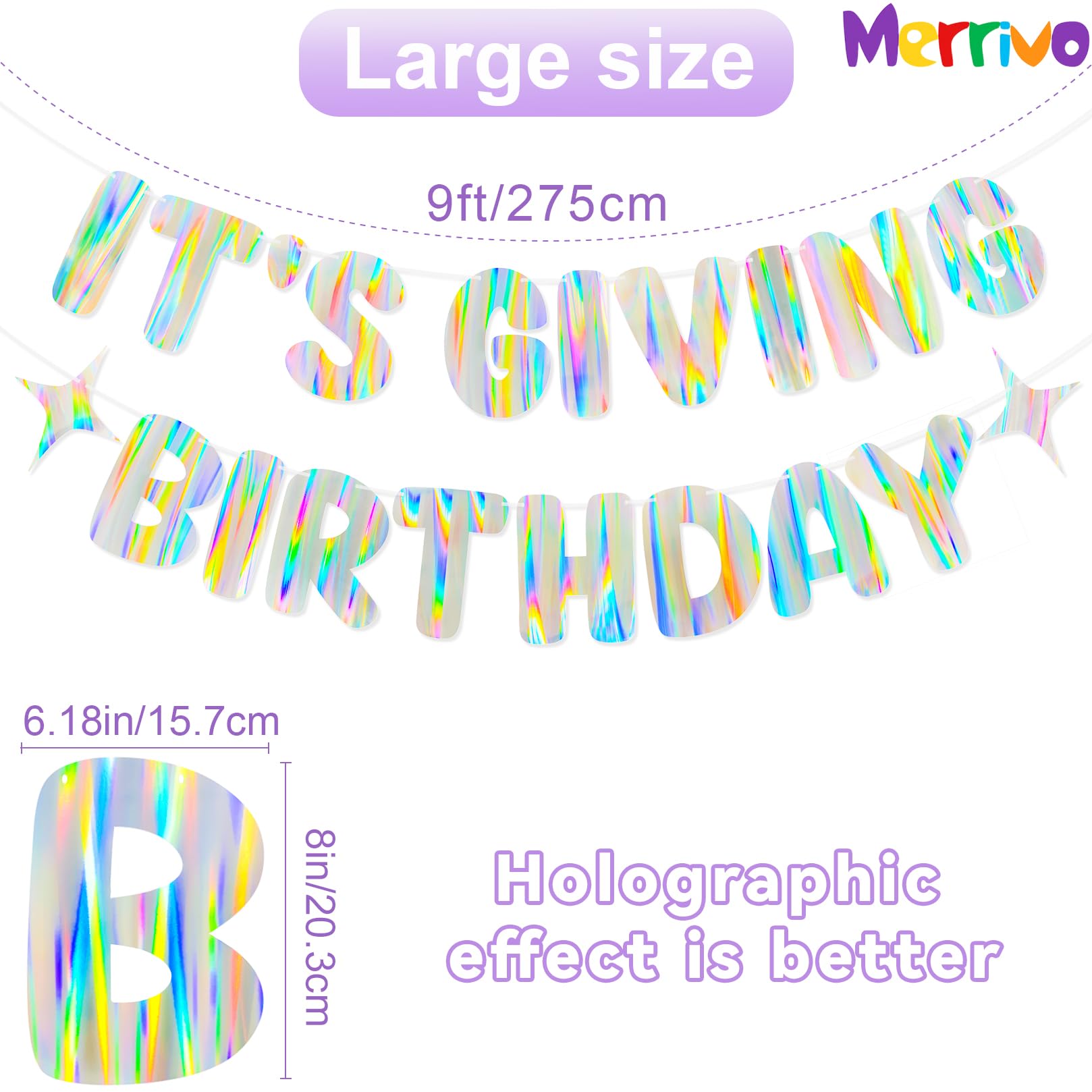 Merrivo It's Giving Birthday banner shows holographic pattern catching light beautifully.