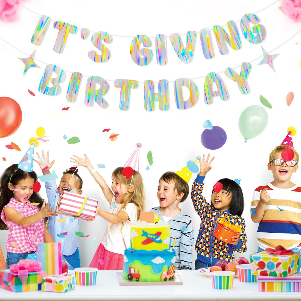 Merrivo It's Giving Birthday banner creates a photobooth backdrop with iridescent charm.