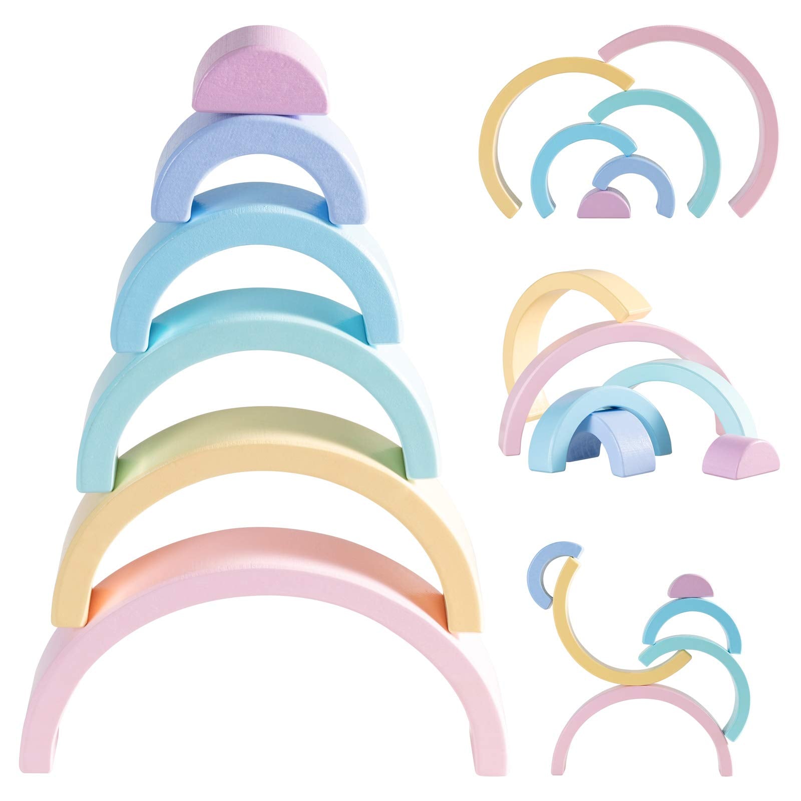 MERRYHEART Wooden Rainbow Arcs show gentle pastel colors supporting color recognition.