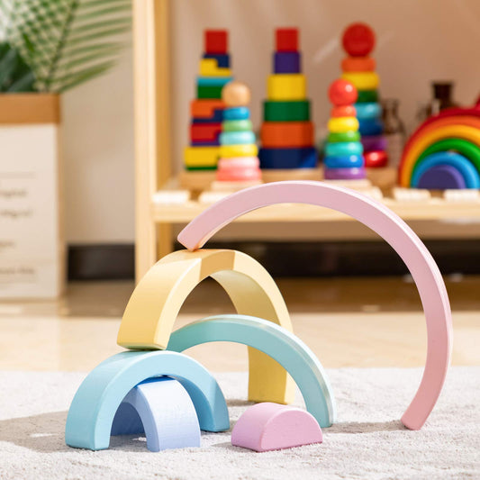 MERRYHEART Stackable Wood Arcs demonstrate smooth surfaces ideal for preschool hand skills.