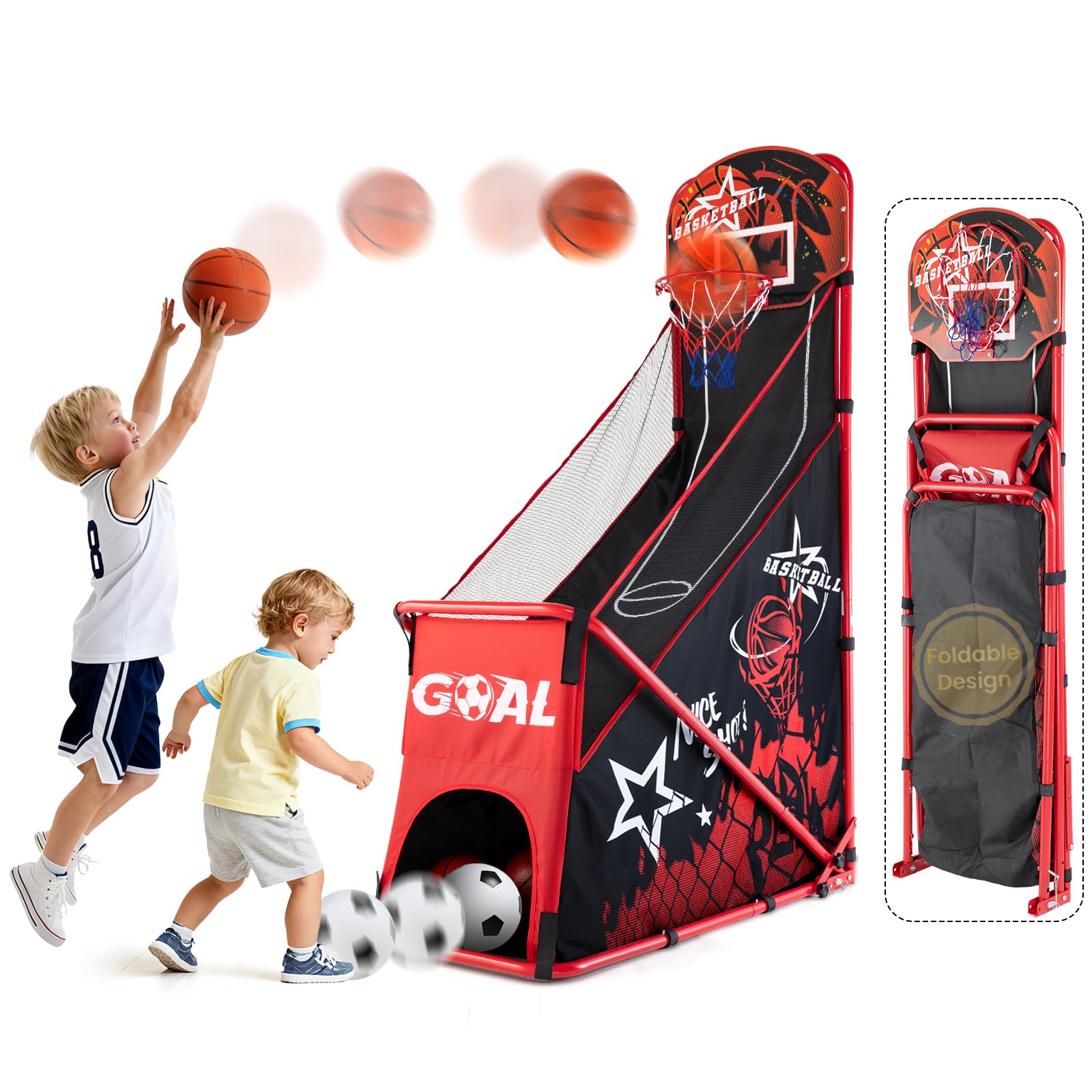 MerryMove basketball arcade hoop in foldable mode for compact storage and quick setup.