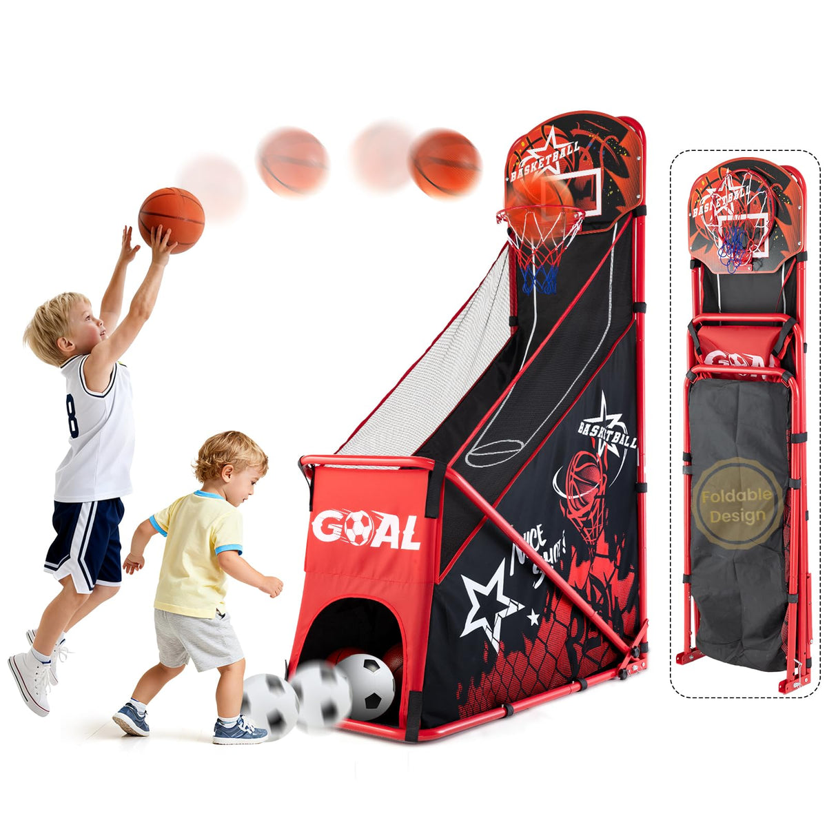 MerryMove basketball arcade hoop in foldable mode for compact storage and quick setup.