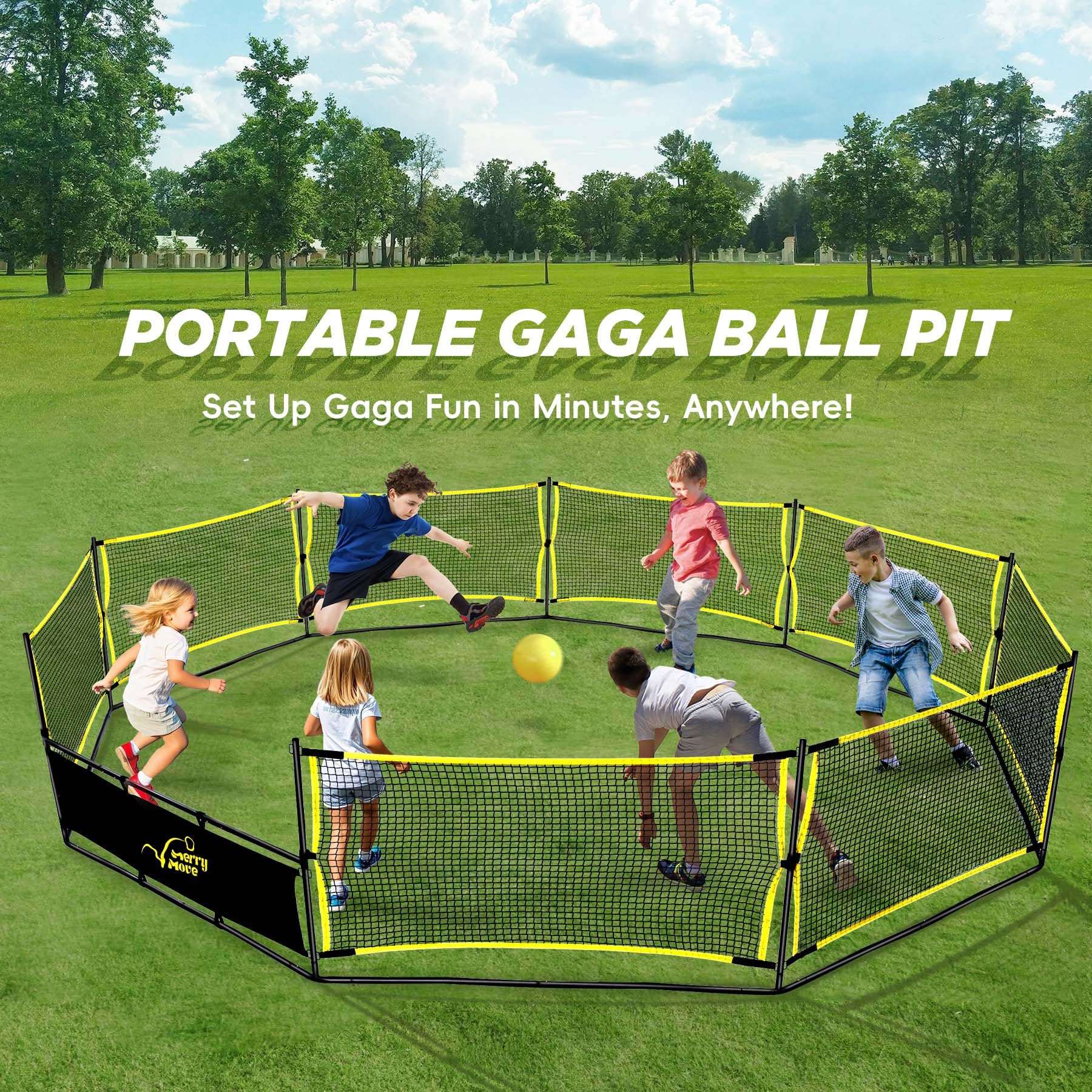 MerryMove Gaga Ball Pit with hoop and goals for basketball-style fun