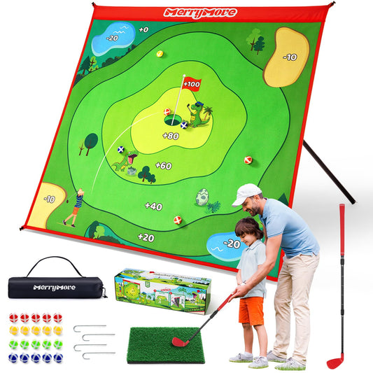 MerryMove golf chipping set on large mat for realistic backyard practice
