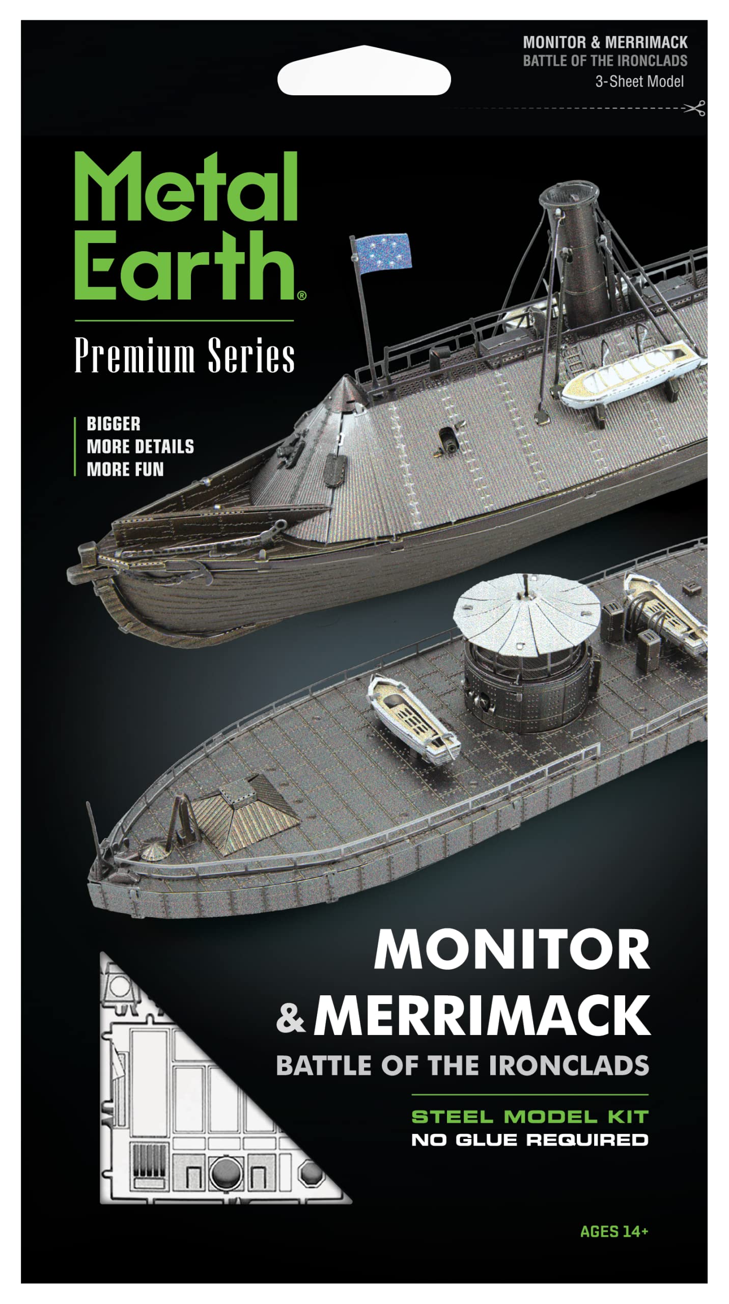 Metal Earth Fascinations completed monitor-merrimack stands on display.