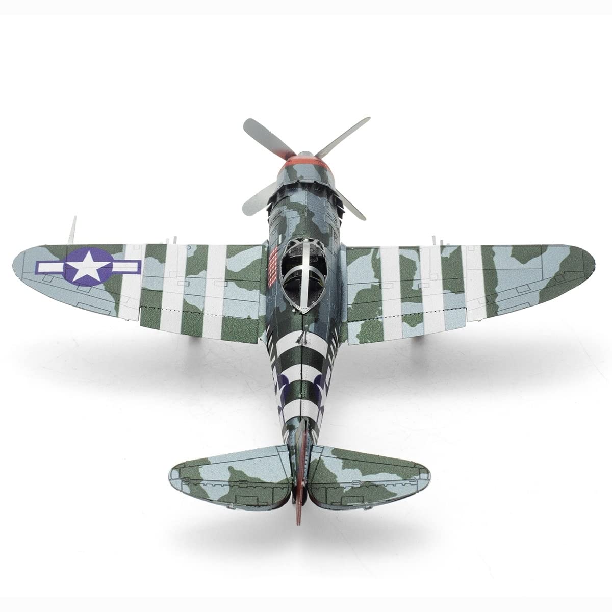 Assembled Metal Earth P-47 Thunderbolt display model on shelf