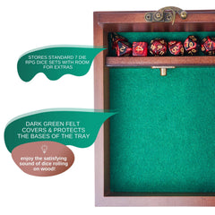 Wooden D&D Dice Tray with metal latch lid secures dice for travel.