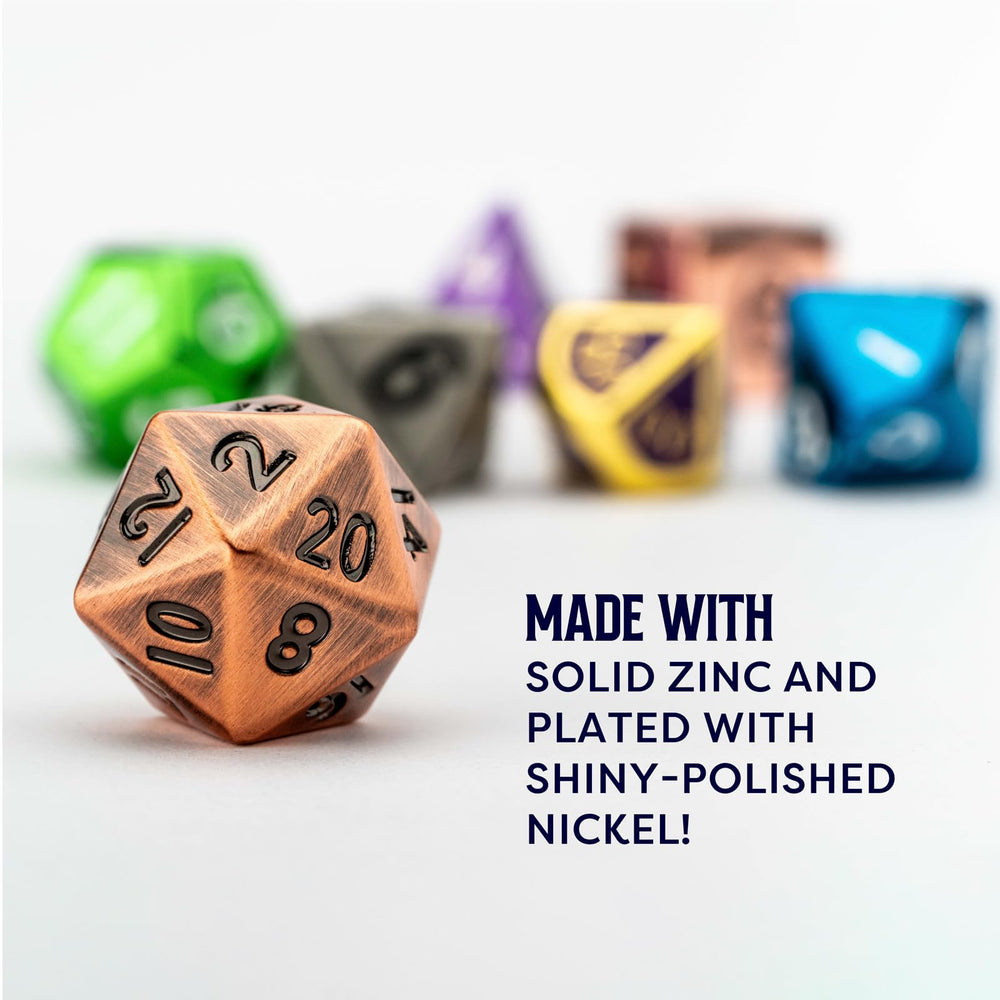 Metallic Dice Games bag-stored set stays ready for tabletop adventures with ease