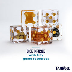 FanRoll CATAN inclusion dice in action, high-quality components for enthusiasts