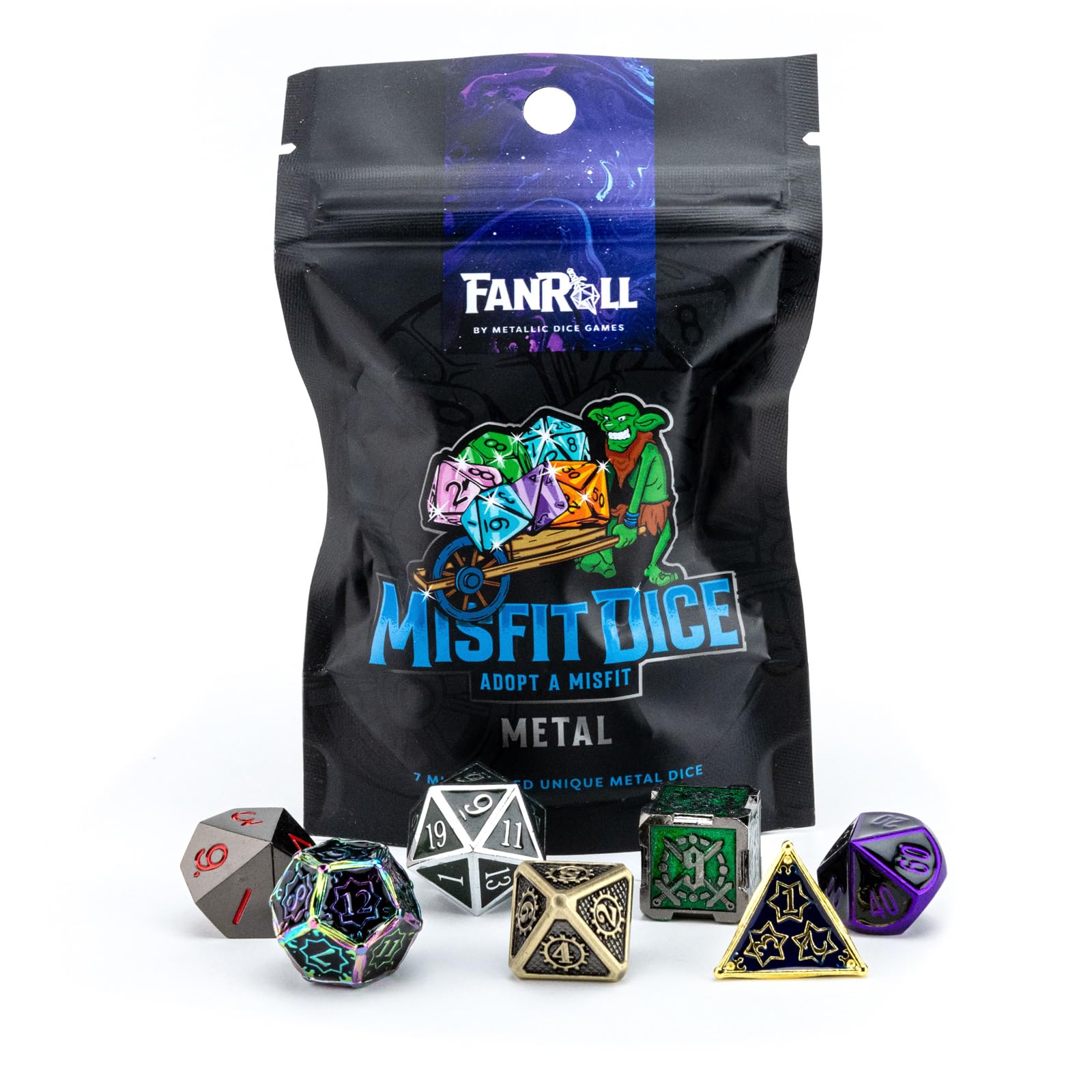 Metallic Dice Games FanRoll Mystery Misfit bag open showing seven zinc dice for RPG use