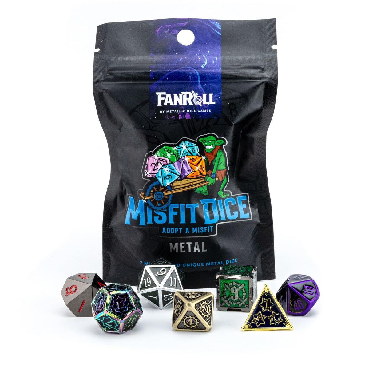 Metallic Dice Games FanRoll Mystery Misfit bag open showing seven zinc dice for RPG use