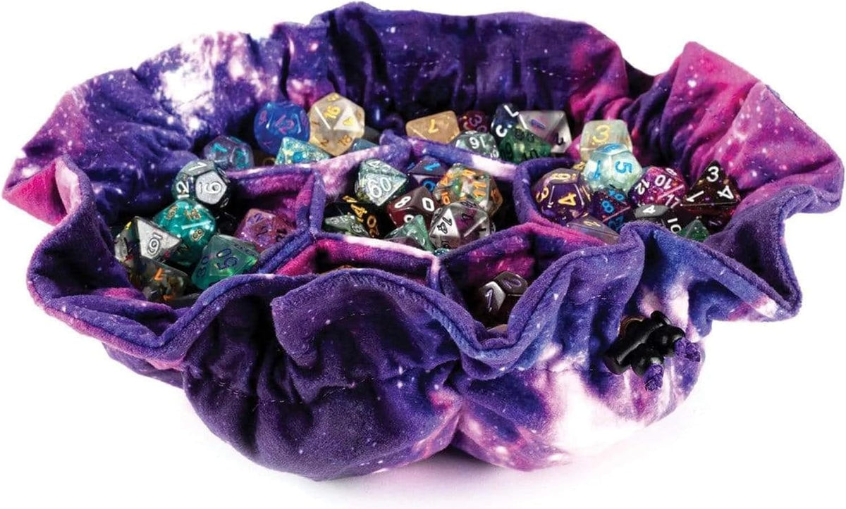 Metallic Dice Games FanRoll Nebula velvet bag front view with organized pockets