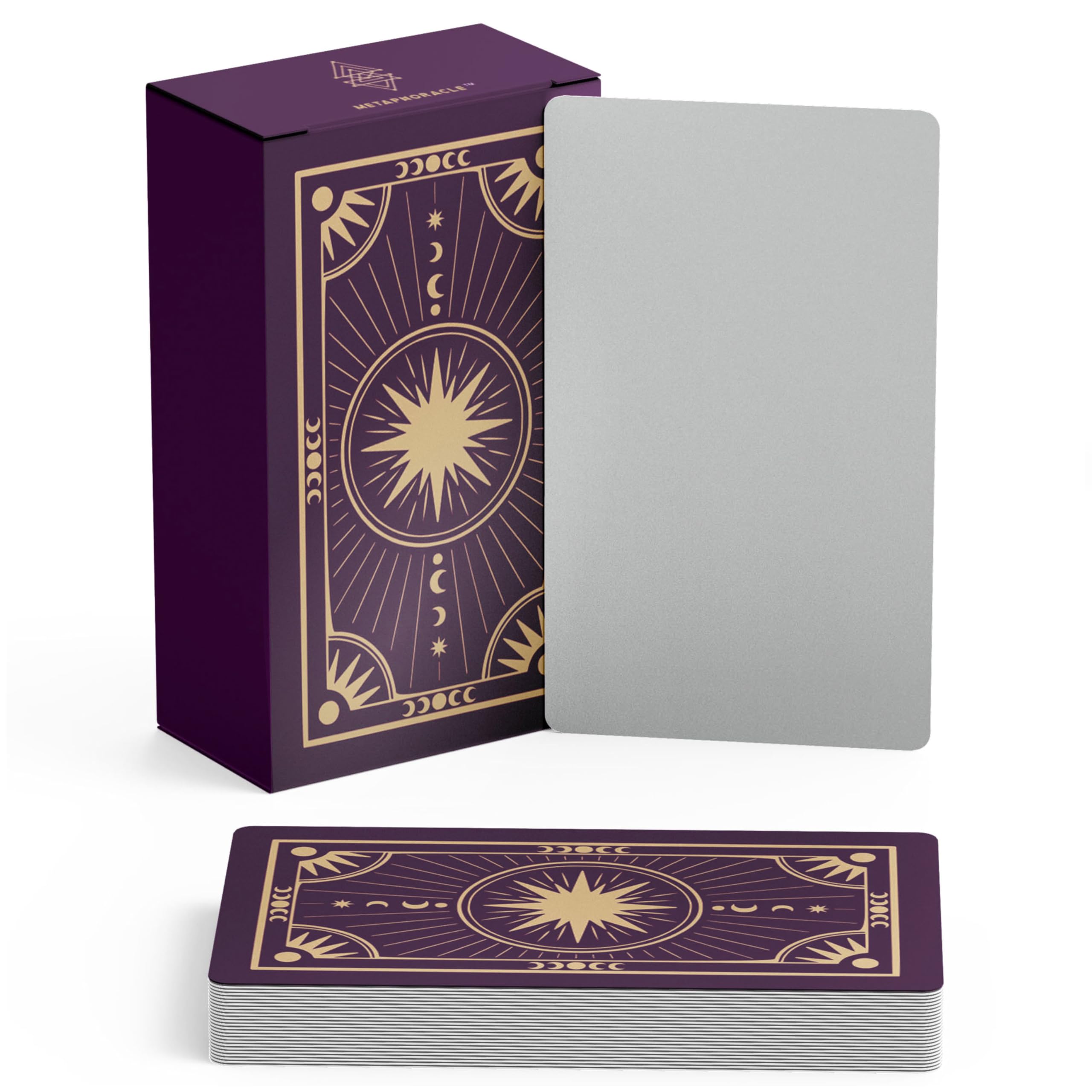 Metaphoracle Create Your Own Oracle Cards front featuring celestial sunburst for personalized readings.