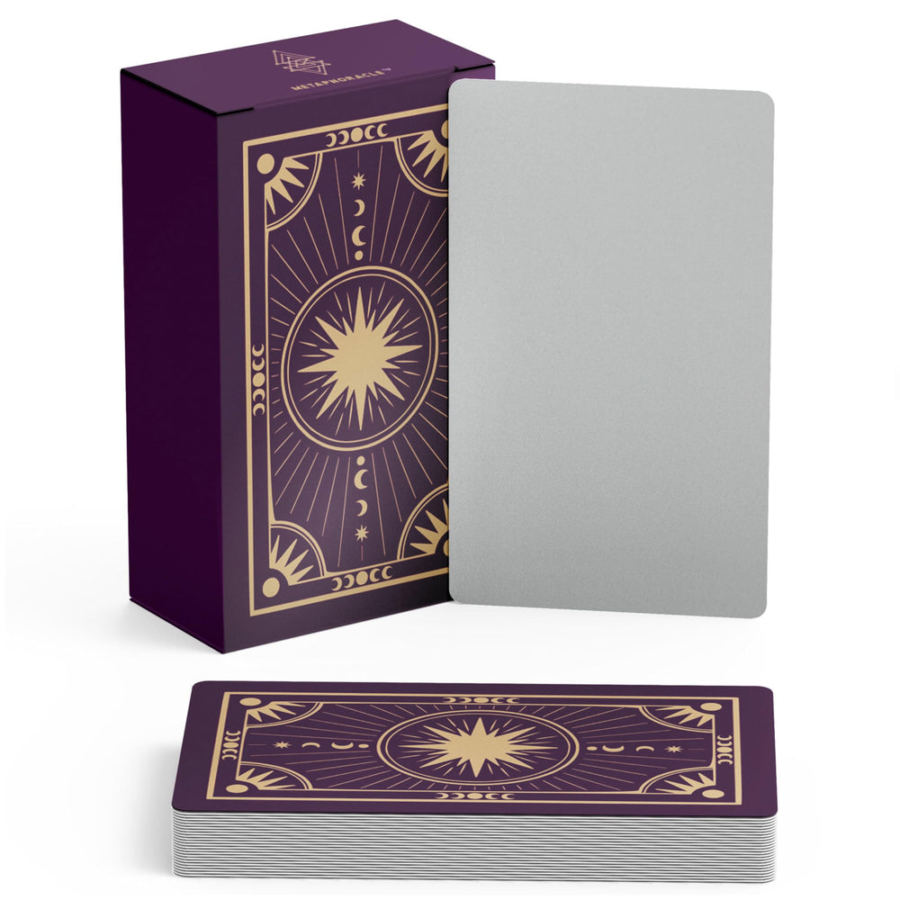 Metaphoracle Create Your Own Oracle Cards front featuring celestial sunburst for personalized readings.