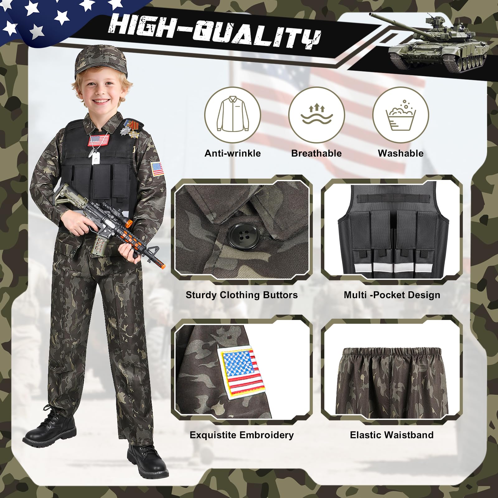 Metemot Kids Army Costume tactical vest with pockets for gear