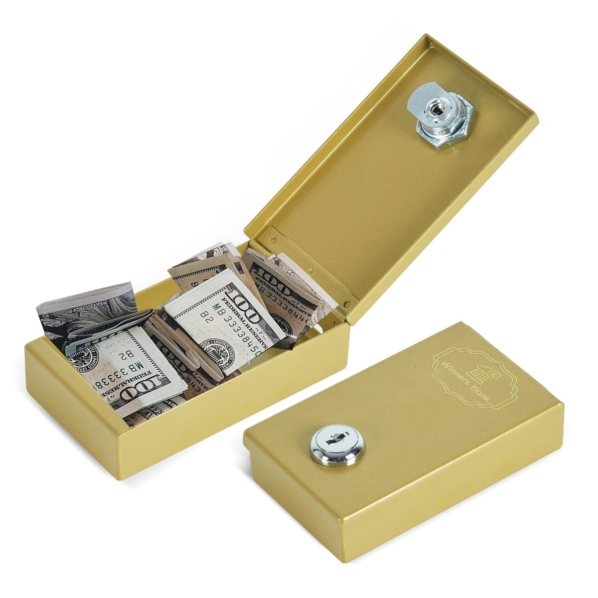 Meudid Winners Bank front view, golden cash box for secure storage