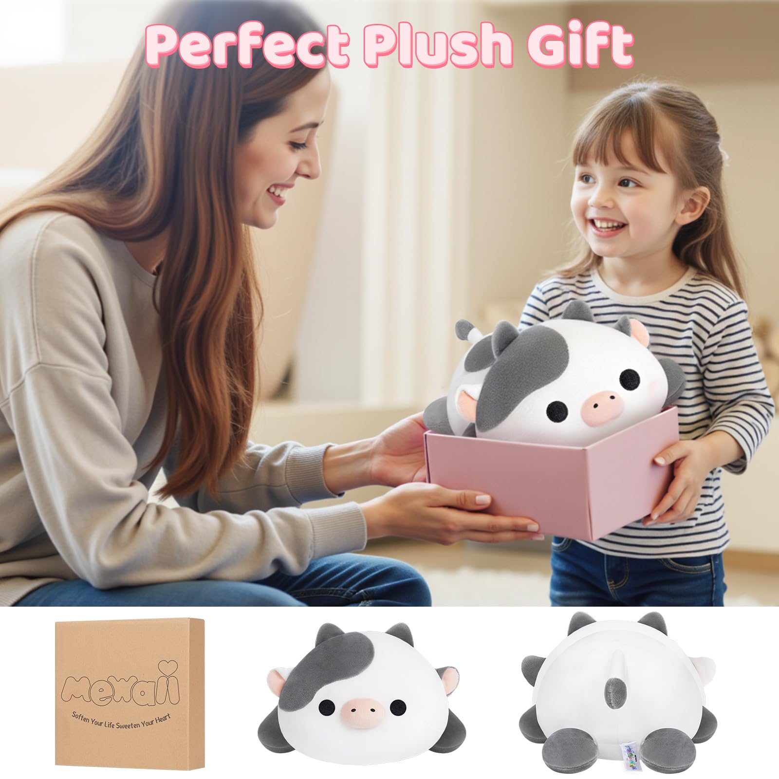 Mewaii cuddle-ready cow plush for kids and girls