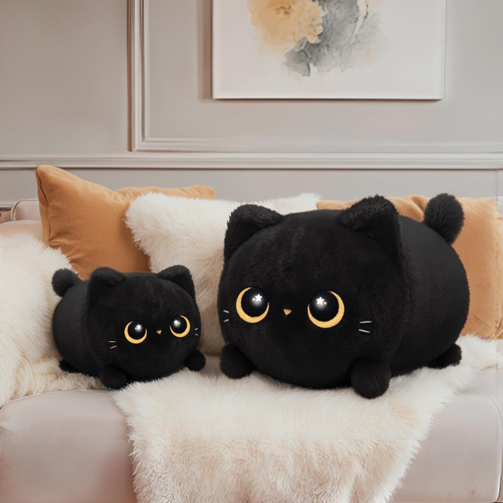 Mewaii black cat plush back view; cozy decor for shelves and rooms.