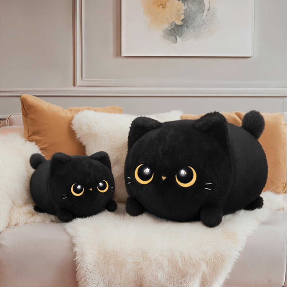 Mewaii black cat plush back view; cozy decor for shelves and rooms.