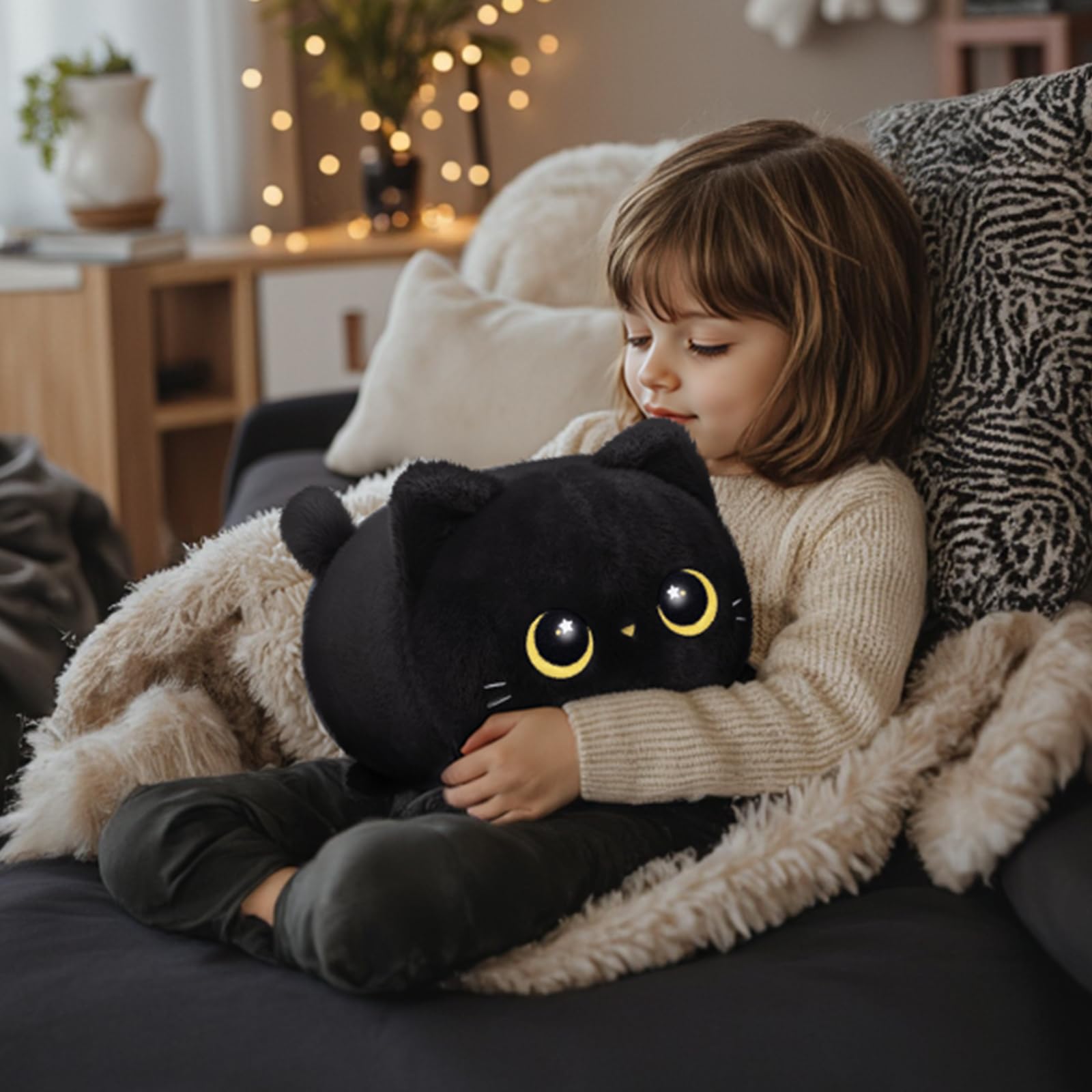Mewaii black cat plush close-up fabric; ultra-soft material for gentle hugs.