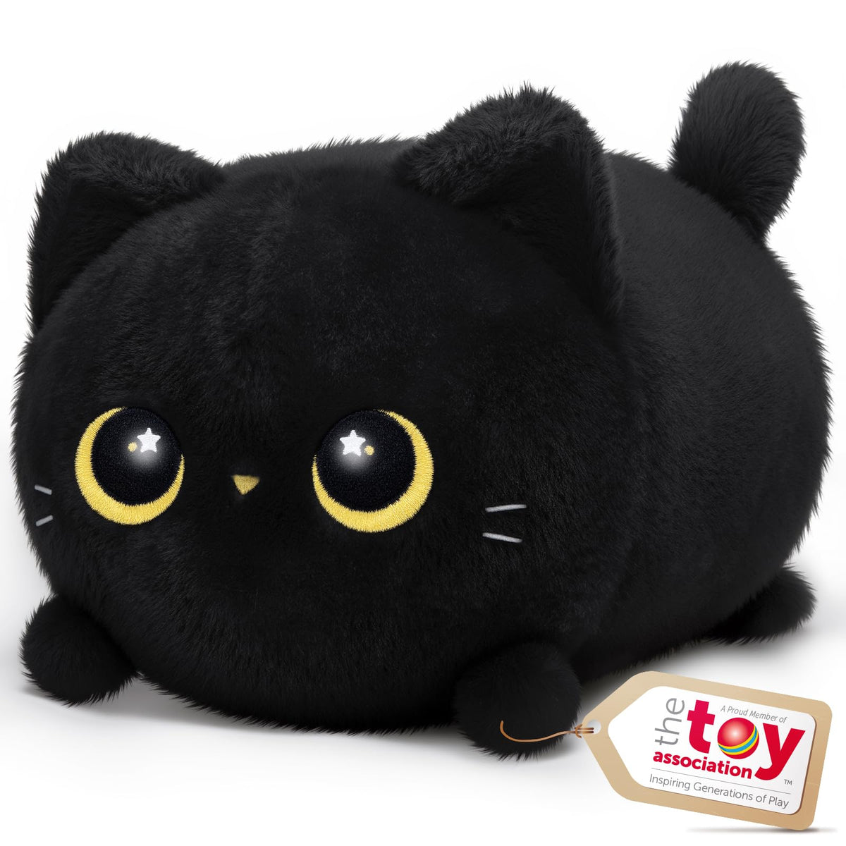 Mewaii black cat plush front view; soft cuddling companion for kids and adults.