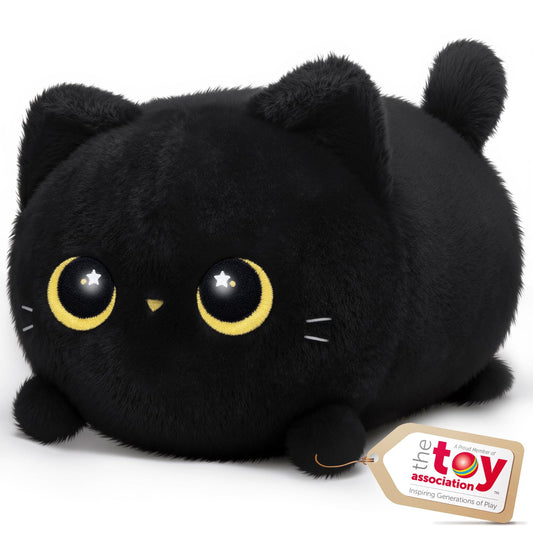 Mewaii black cat plush front view; soft cuddling companion for kids and adults.