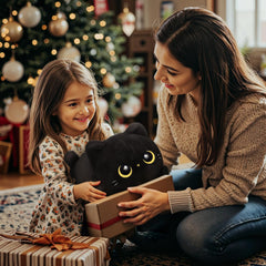 Mewaii black cat plush in bed; comforting nighttime companion.