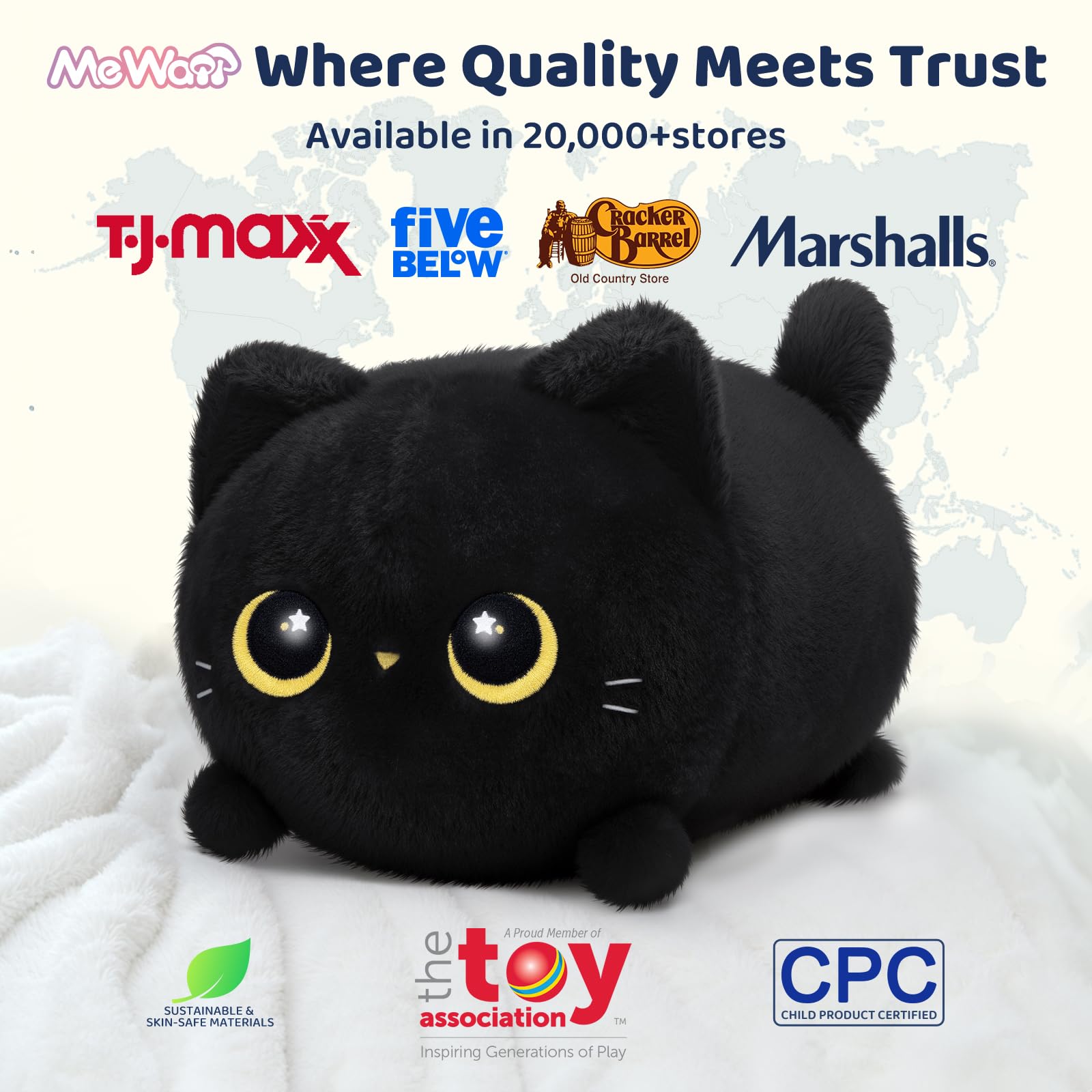 Mewaii black cat plush side profile; expressive face sparks imagination.