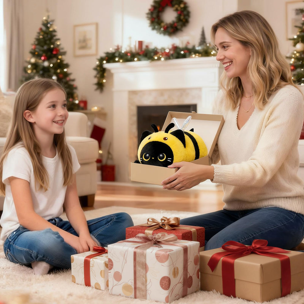 Mewaii cat bee plush on bed — perfect bedtime companion.