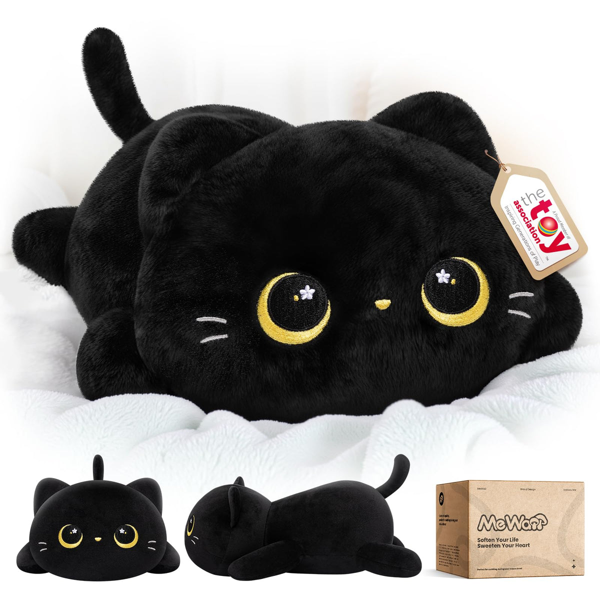 Mewaii cute black cat plush pillow close-up cover—soft fabric for cozy cuddles