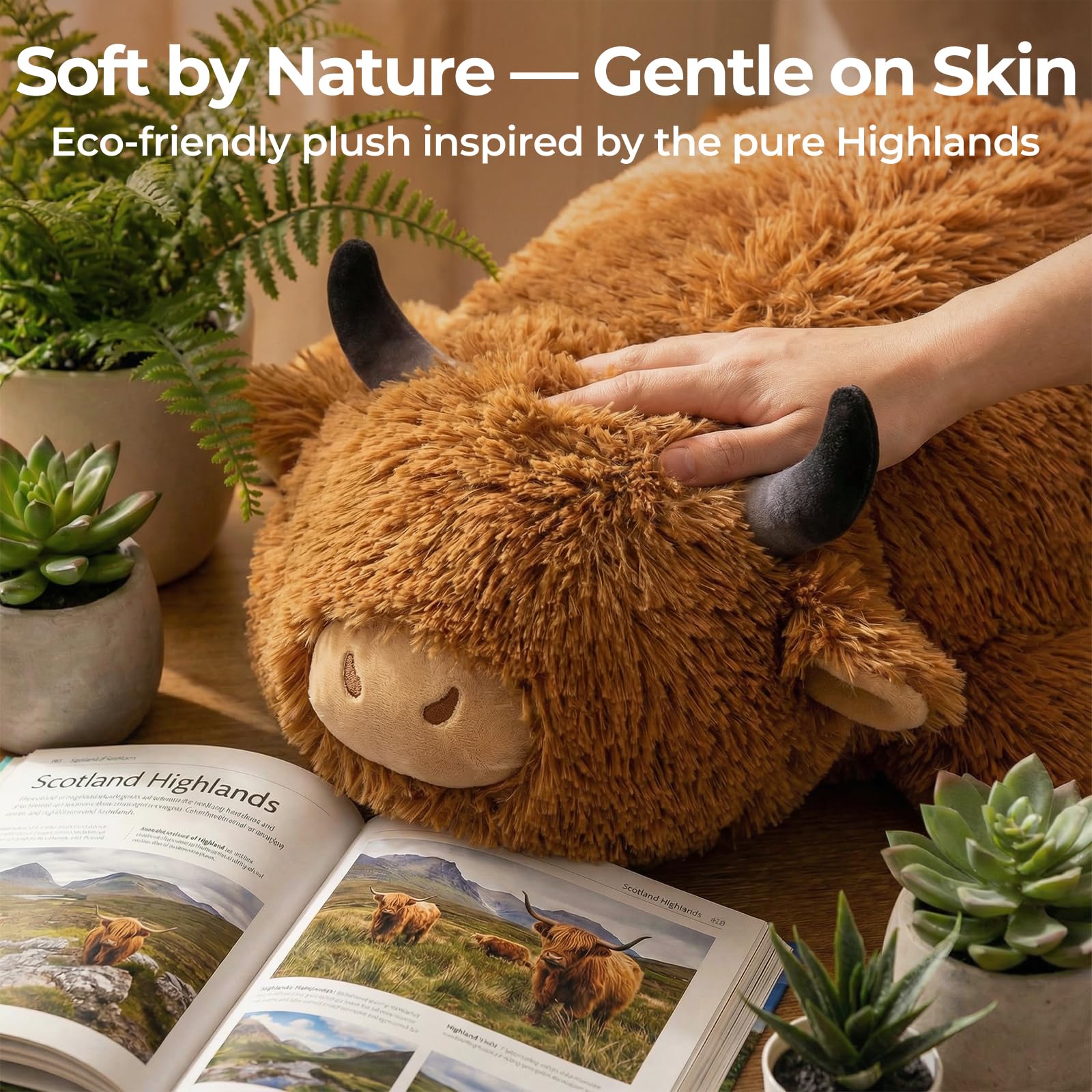Mewaii Highland Cow soft plush fabric feels fluffy and comforting.
