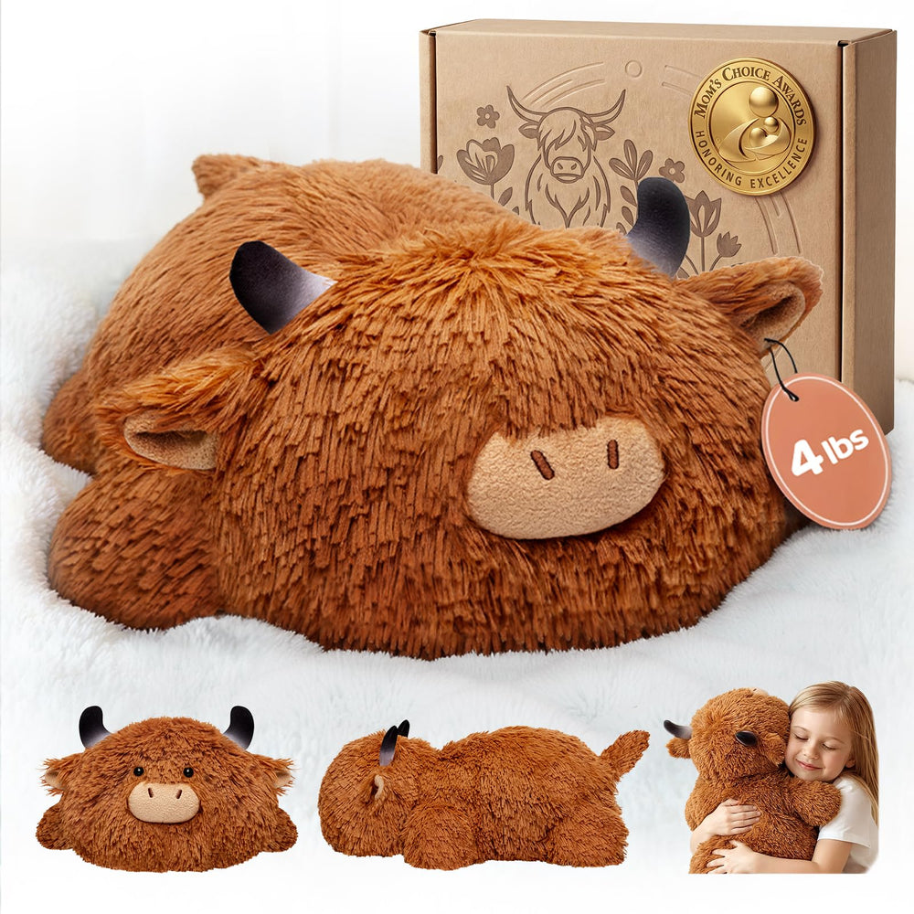 Mewaii Highland Cow weighted plush front view shows inviting full-body hug.