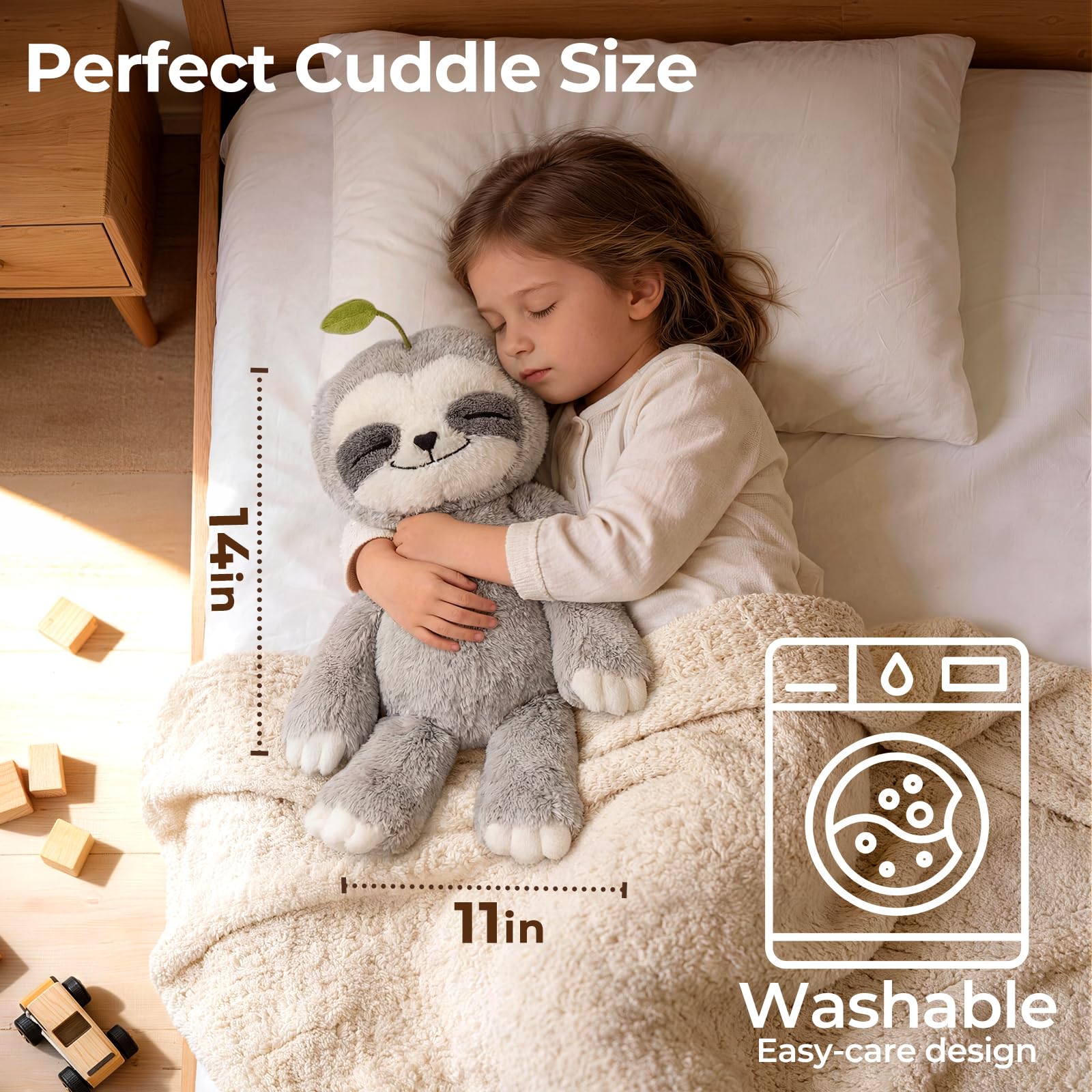 Mewaii weighted sloth plush machine washable for easy care.