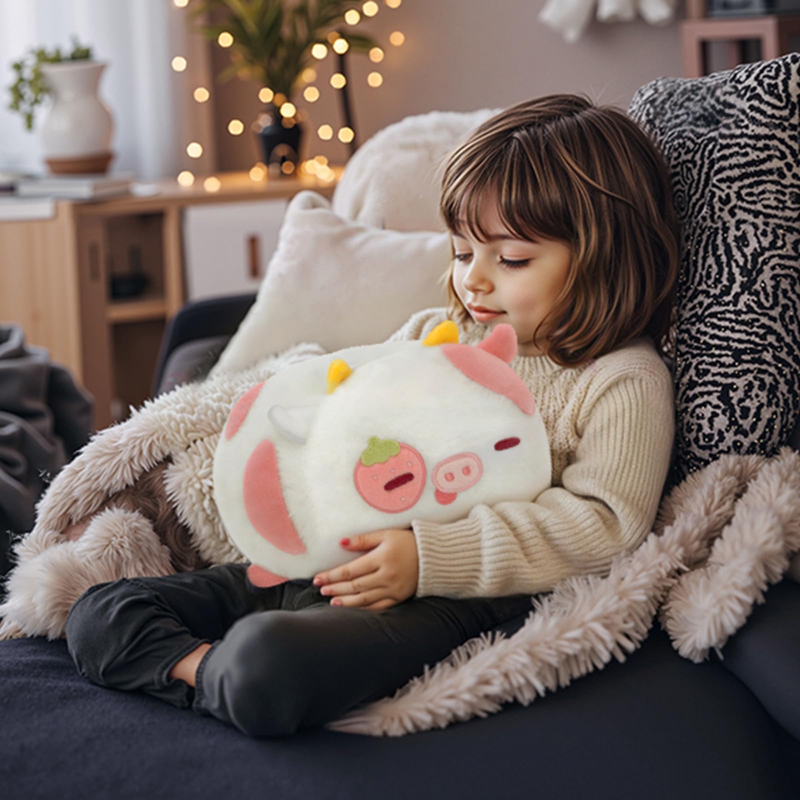 Mewaii Strawberry Cow Plush fabric texture highlights velvety softness and durability