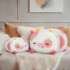 Mewaii Strawberry Cow Plush face closeup shows friendly features and soft fibers for hugs