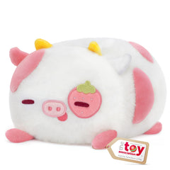 Mewaii Strawberry Cow Plush full body view emphasizes cuddly comfort